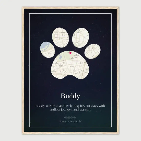 Custom paw print map poster featuring a street map design personalized for a pet named Buddy, with location and joining date.