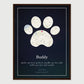 Custom paw print map poster featuring a pet's name Buddy, street map design, and date with a background of Sunset Avenue, NY.