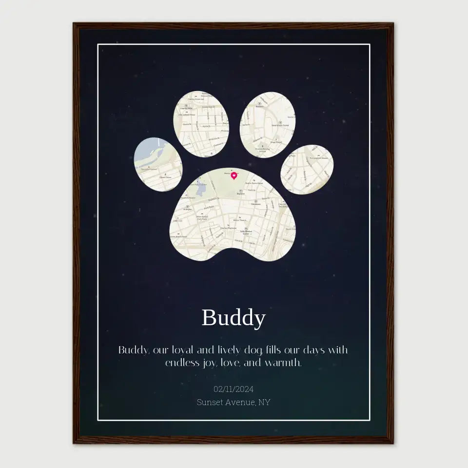 Custom paw print map poster featuring a pet's name Buddy, street map design, and date with a background of Sunset Avenue, NY.