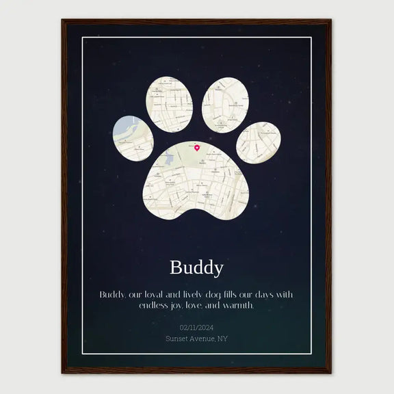 Custom paw print map poster featuring a pet's name Buddy, street map design, and date with a background of Sunset Avenue, NY.