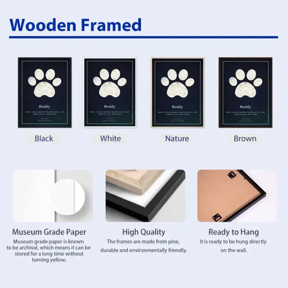 "Custom Paw Print Map posters in black, white, nature, and brown wooden frames with museum-grade paper, ready to hang."