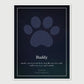 Custom paw print star map with pet memorial tribute text for beloved dog Buddy, dated February 11, 2024, Sunset Avenue, NY.