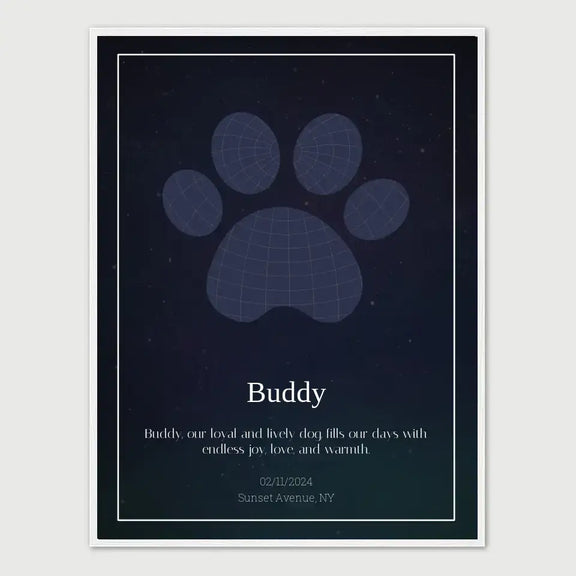 Custom paw print star map with pet memorial tribute text for beloved dog Buddy, dated February 11, 2024, Sunset Avenue, NY.