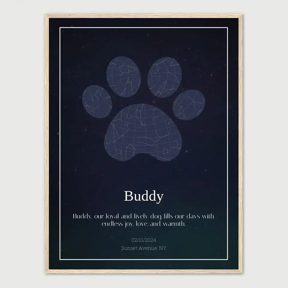 Custom paw print star map memorializing a pet named Buddy with constellation design and personal message.