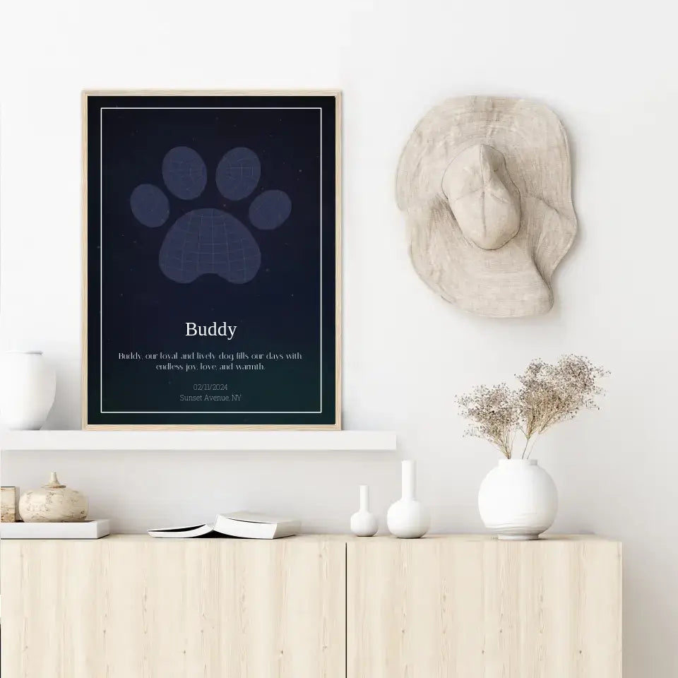 Custom paw print star map framed on a wall as a pet memorial tribute.