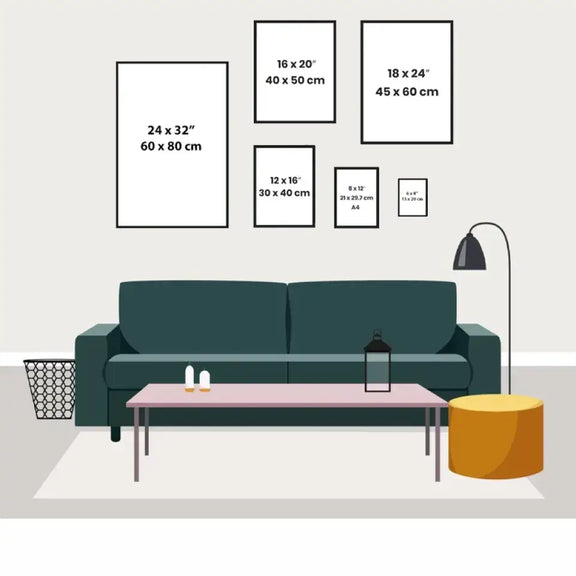 Living room with various framed artwork sizes above a green sofa and modern coffee table setup