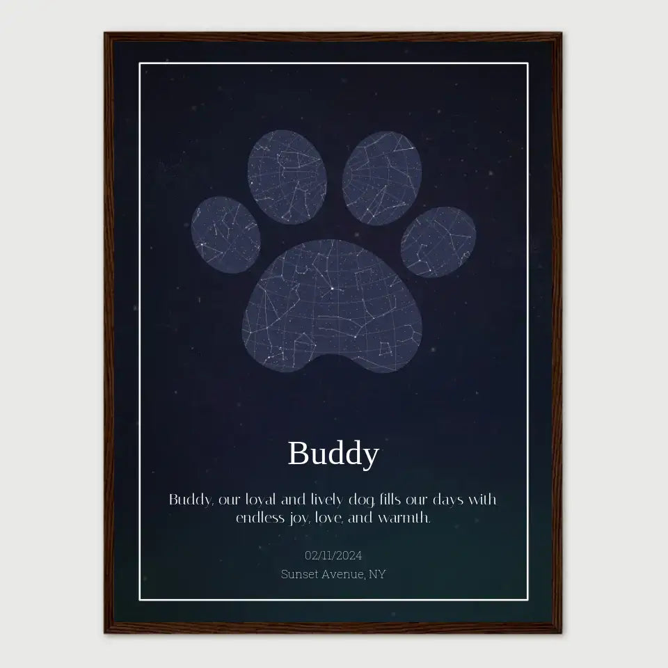 Custom paw print star map memorializing a beloved pet with constellations, personalized text, and date of passing.