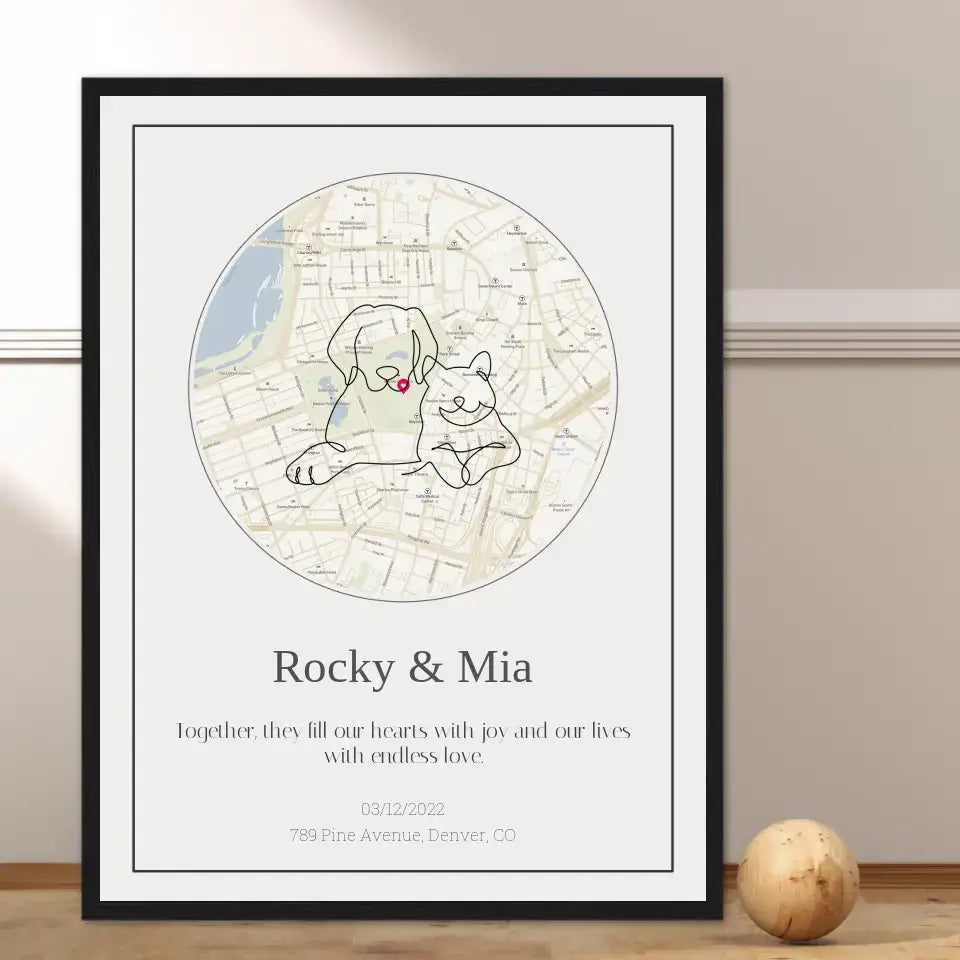 Personalized pet map gift featuring dog and cat illustration with a custom street map background, showcasing love and companionship.