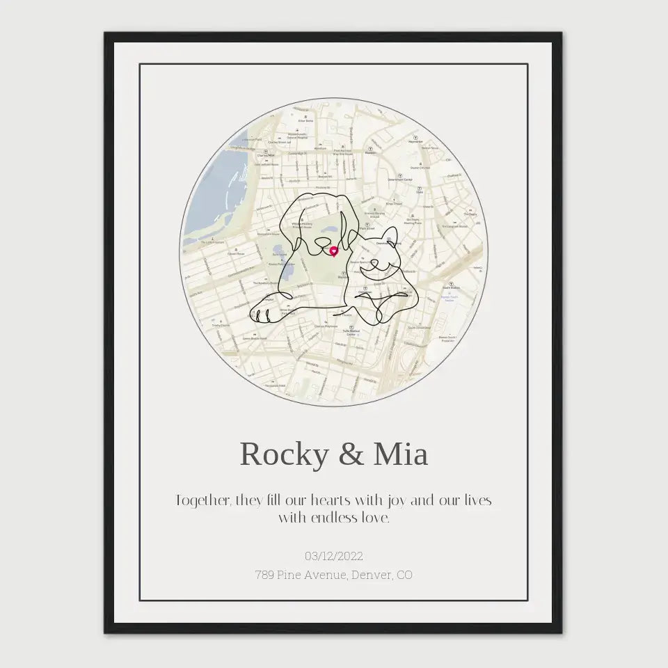 Personalized map gift featuring a dog and cat illustration with a custom location, celebrating a pet's new journey.