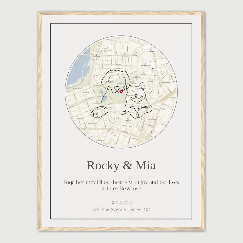 Personalized map gift featuring a dog and cat illustration on a street map, celebrating their arrival home.