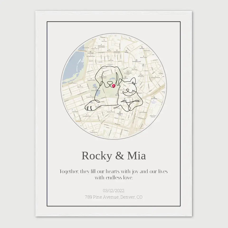 Personalized map gift featuring dog and cat illustration with custom street map background and named Rocky & Mia.