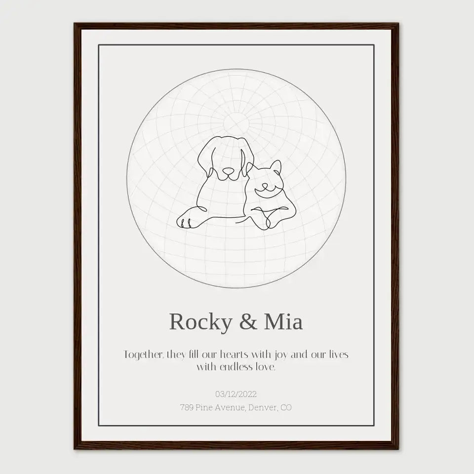 Personalized pet star print with line art of two pets, custom text "Rocky & Mia," and date for a memorial tribute.