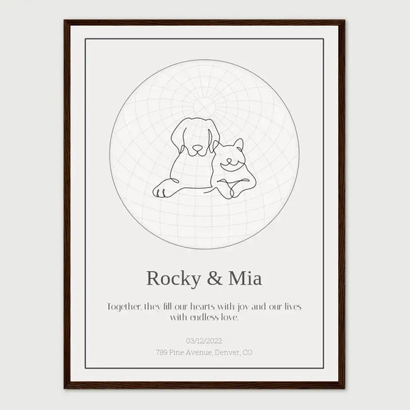 Personalized pet star print with line art of two pets, custom text "Rocky & Mia," and date for a memorial tribute.