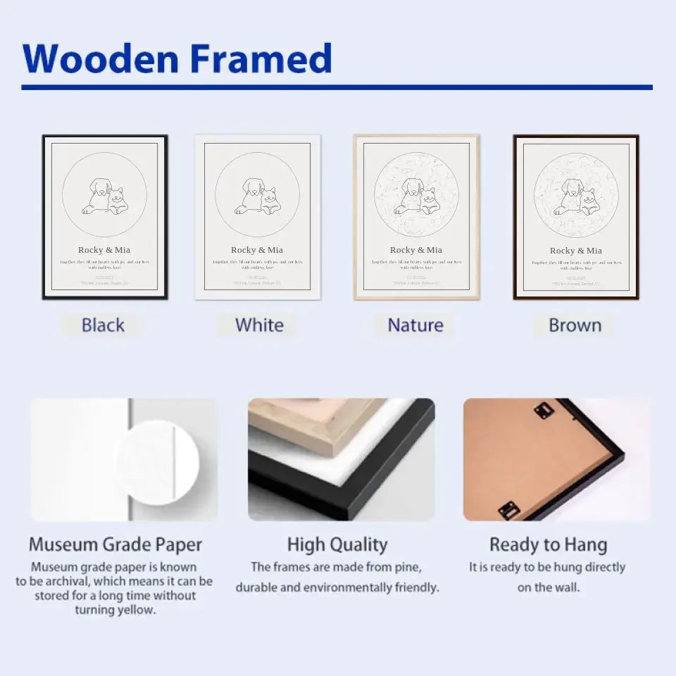 Wooden framed personalized pet loss star prints in black, white, nature, and brown with high-quality, museum-grade paper.