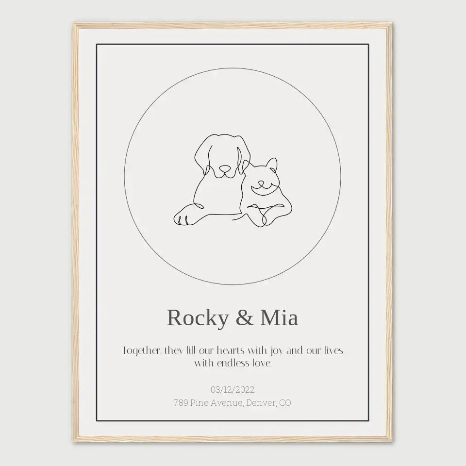 Personalized pet memorial star print featuring outline of dog and cat, with custom names and tribute message.