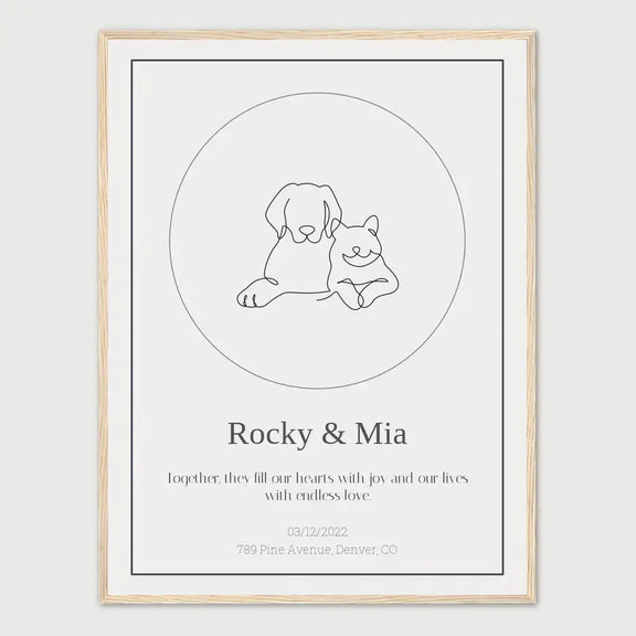 Personalized pet memorial star print featuring outline of dog and cat, with custom names and tribute message.