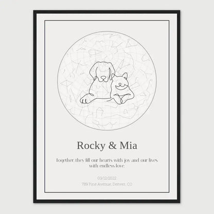 Personalized pet loss gift star print with names Rocky and Mia, a celestial tribute featuring a dog and cat illustration.