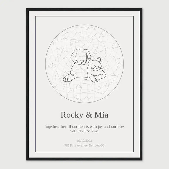 Personalized pet loss gift star print with names Rocky and Mia, a celestial tribute featuring a dog and cat illustration.