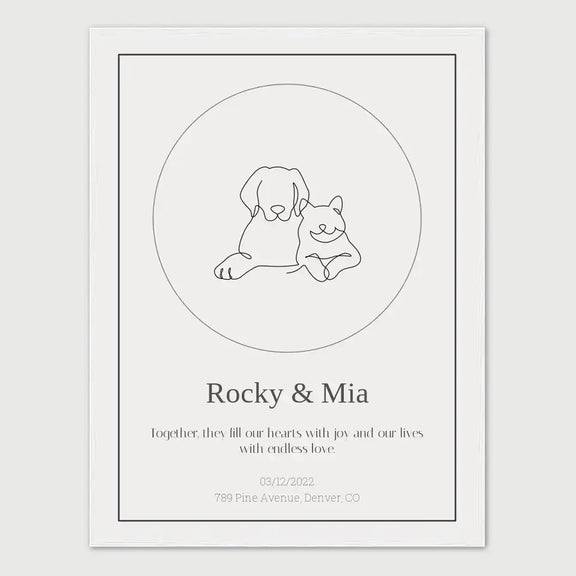 Custom pet loss star print with sketch of dog and cat, titled Rocky & Mia, featuring date and location for a heartfelt tribute.