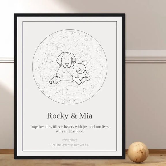 Personalized pet memorial star print with illustration of two dogs, custom text, and date for pet loss gift.