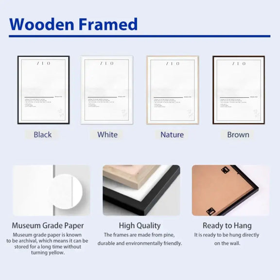 Wooden framed options in black, white, nature, and brown with museum-grade paper, high quality, and ready-to-hang features.