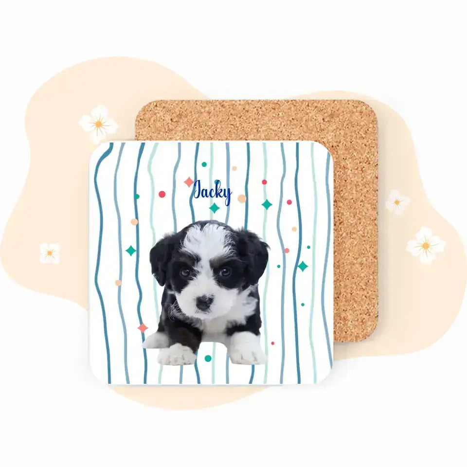 Personalized pet photo coaster featuring a cute puppy named Jacky on a striped background with cork base.