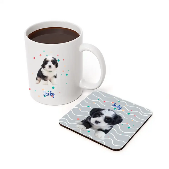 Personalized pet photo coaster and mug set featuring a cute puppy design with customizable options.