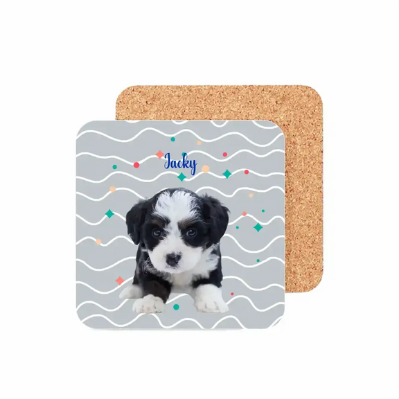 Personalized pet photo coaster featuring a cute puppy with a wavy pattern background.