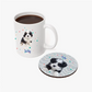 Personalized pet photo coaster and matching mug featuring a cute puppy with a customizable background design.