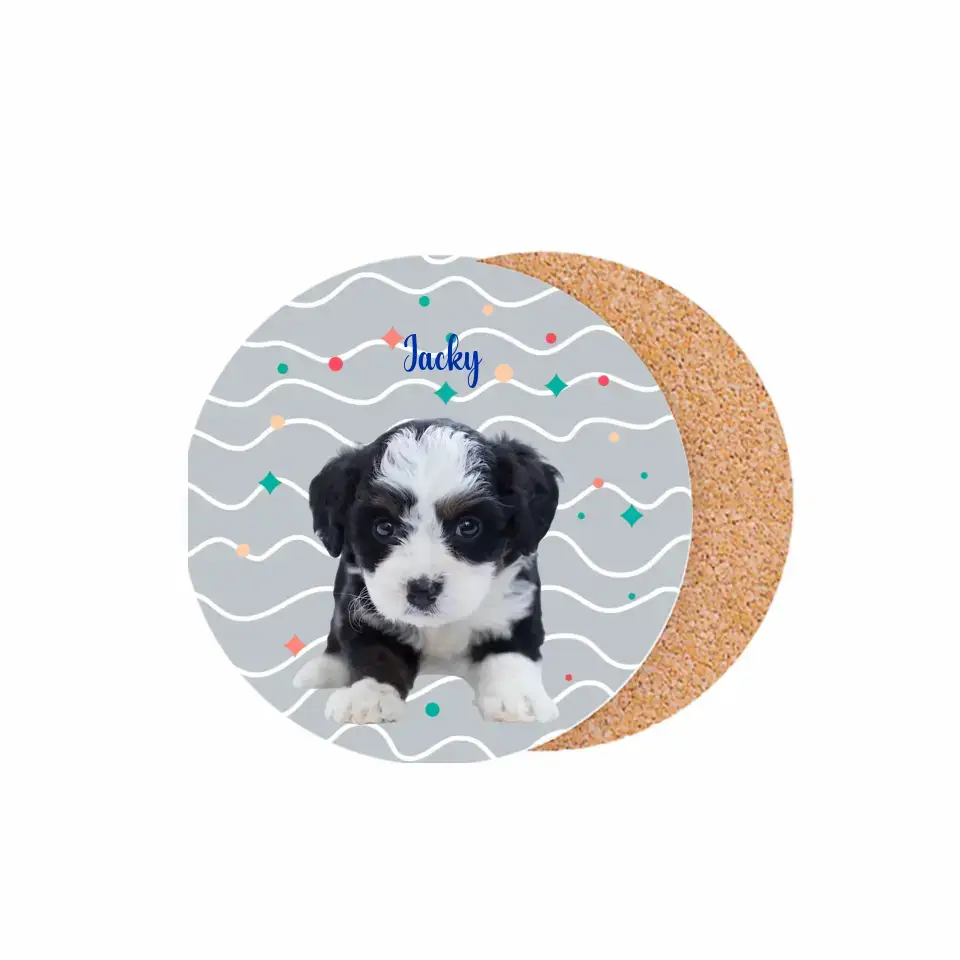 Personalized pet photo coaster featuring a cute puppy named Jacky with a decorative gray and colorful background.