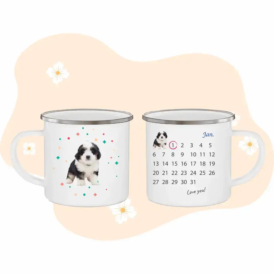 Personalized 12oz enamel camping mug with cute pet face and calendar design, perfect for outdoor adventures and camping trips.