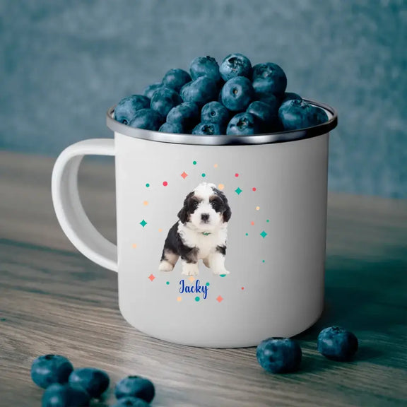 Personalized enamel camping mug with puppy design and blueberries, perfect for outdoor adventures.