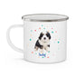 Custom 12oz enamel camping mug with a personalized pet face design of a fluffy puppy named Jacky.