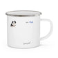 Custom 12oz enamel camping mug featuring a cute pet face and personalized text "Love you!" with date "Feb. 2023."