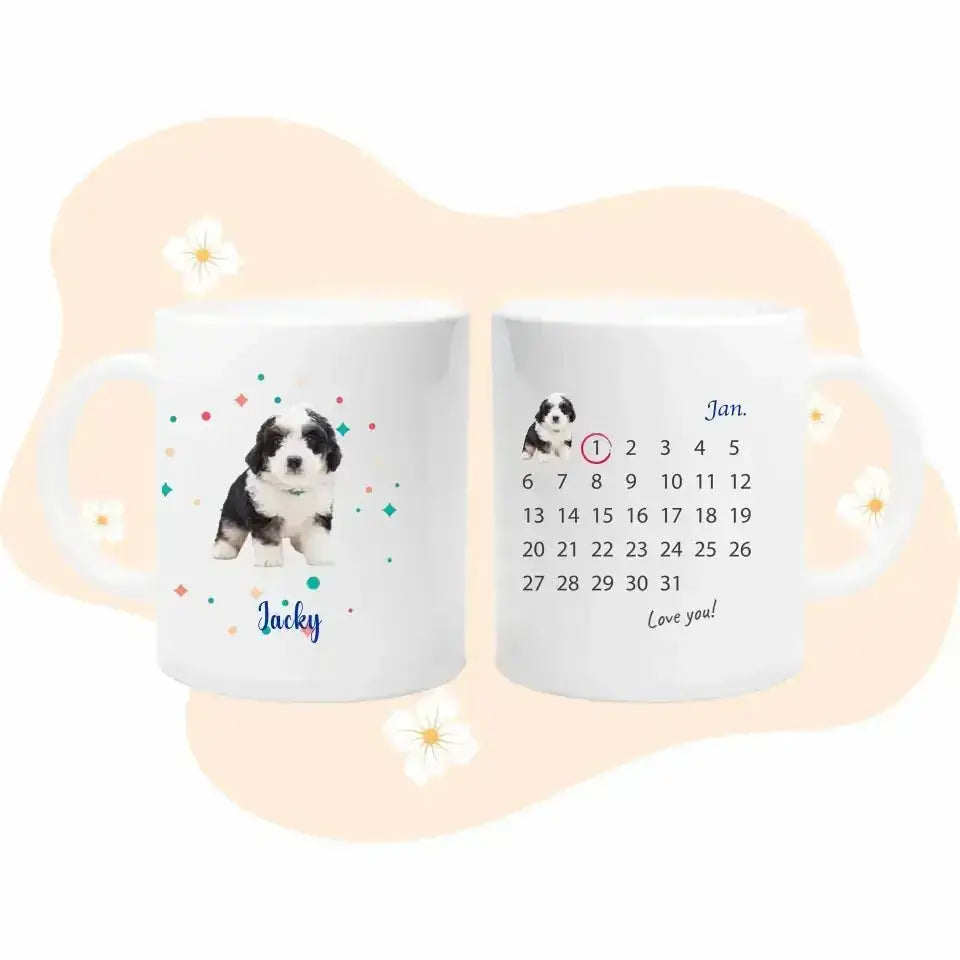 Custom pet photo mug with calendar and personalized dates, featuring a cute puppy image and the name "Jacky" on an 11oz/15oz coffee mug.