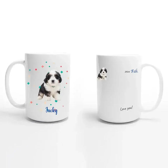 Custom pet photo mug featuring a cute dog with important dates and a loving message, suitable for coffee or tea.