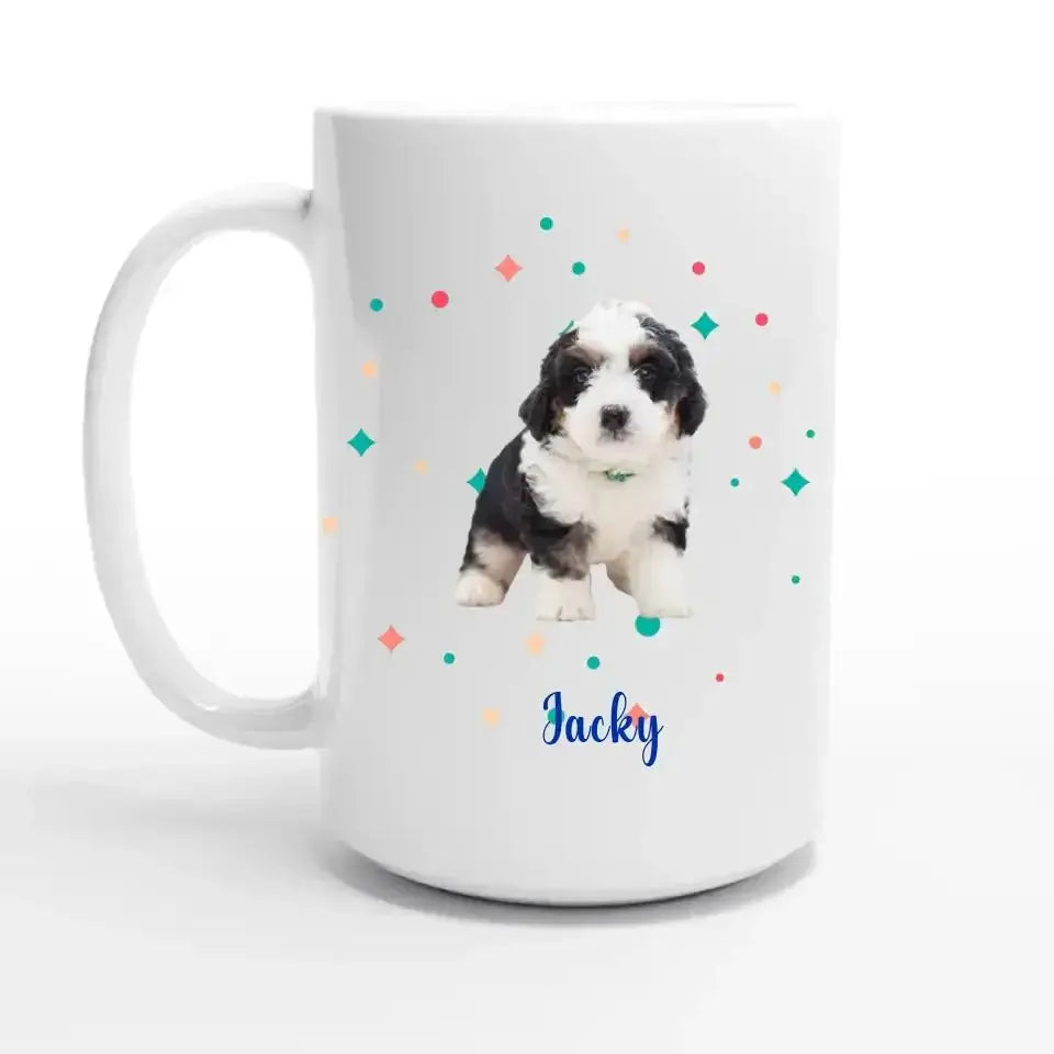 Custom pet photo mug featuring a cute puppy with colorful designs, perfect for celebrating pet anniversaries, 11oz/15oz.