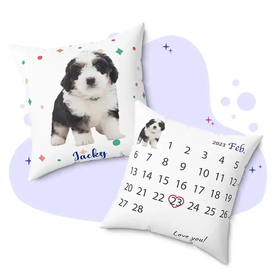 Personalized pet picture pillows featuring a dog photo and calendar, ideal for custom gifts with pet names and special dates.