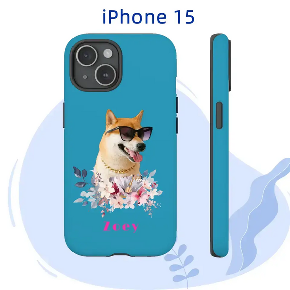 Personalized iPhone 15 case with dog portrait, floral design, and name "Loey" for pet lovers.