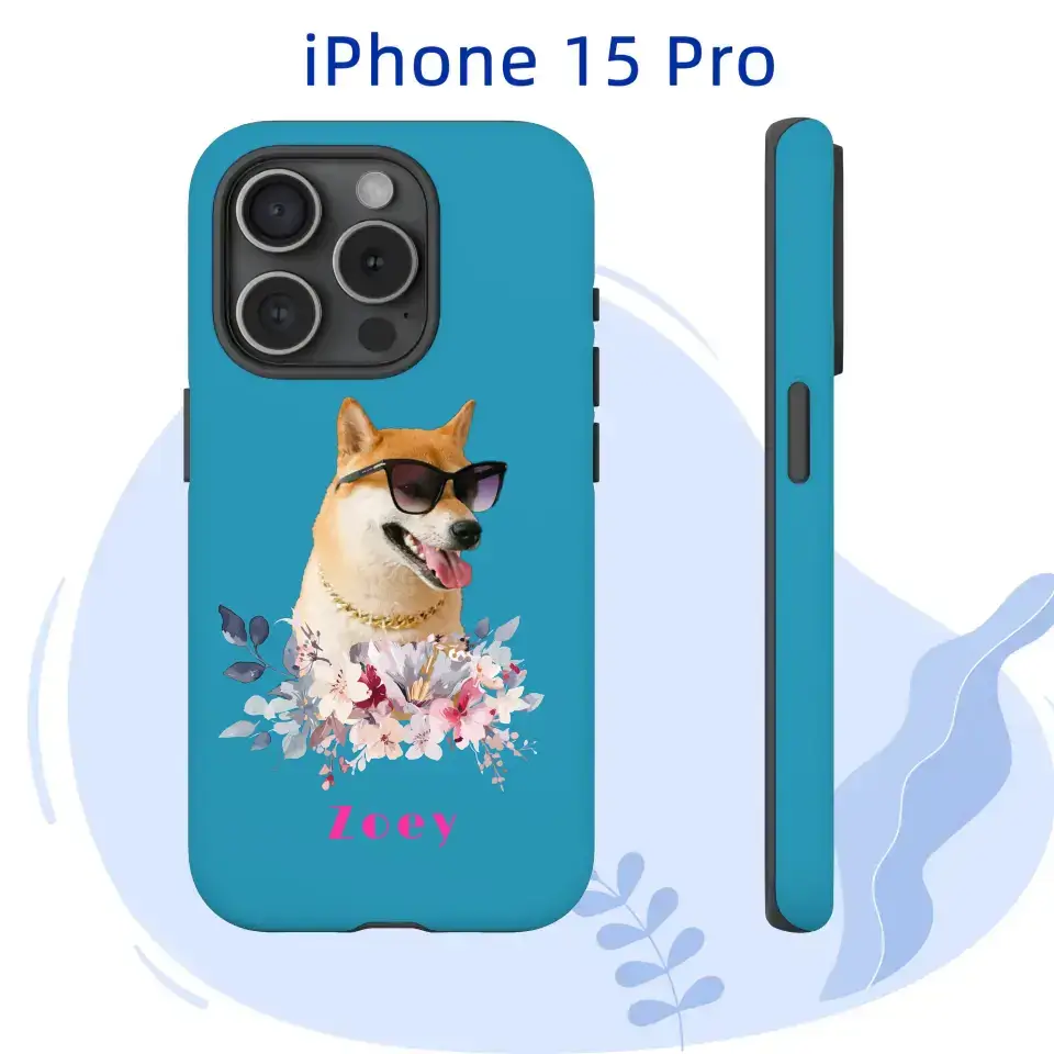 Personalized iPhone 15 Pro tough case with floral pet portrait and name Zoey on a blue background.