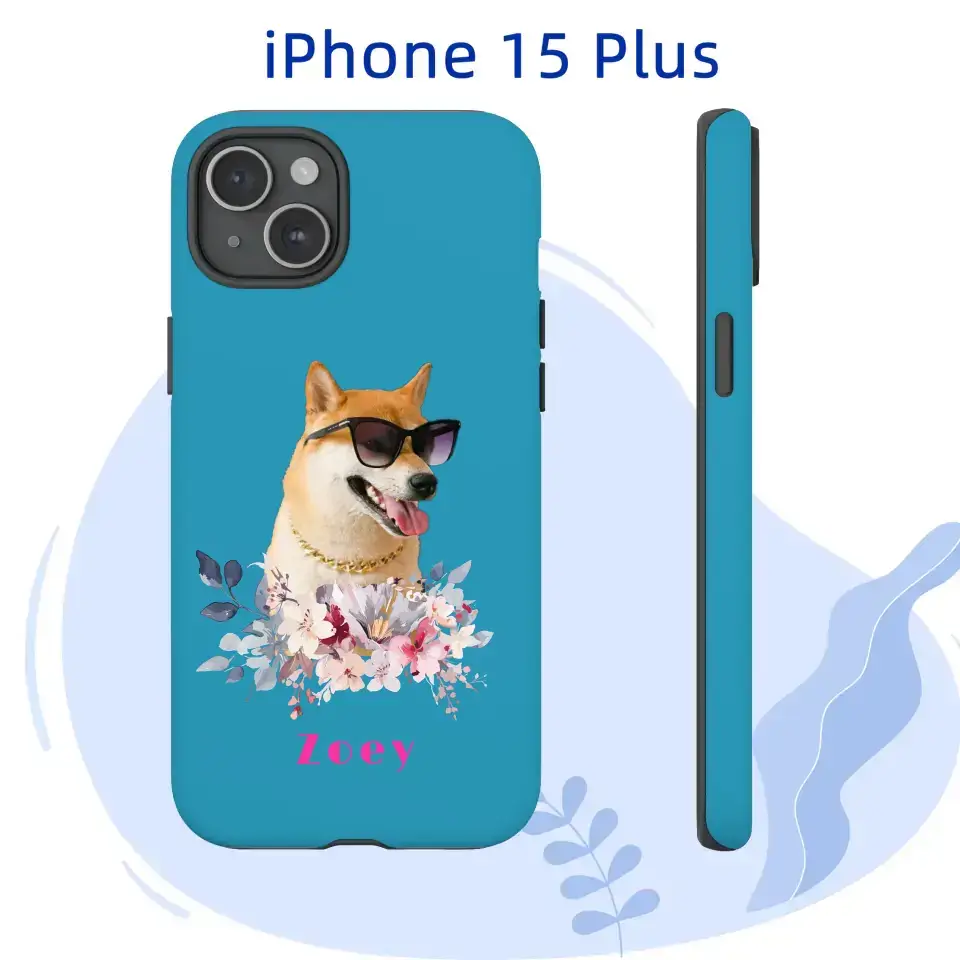 Personalized iPhone 15 Plus case with floral design featuring a pet portrait and the name "Zoey" on a blue background.