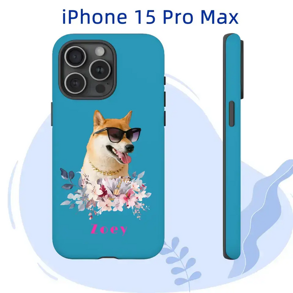 Personalized iPhone 15 Pro Max case with dog portrait and floral design, customized with pet name "Zoey".