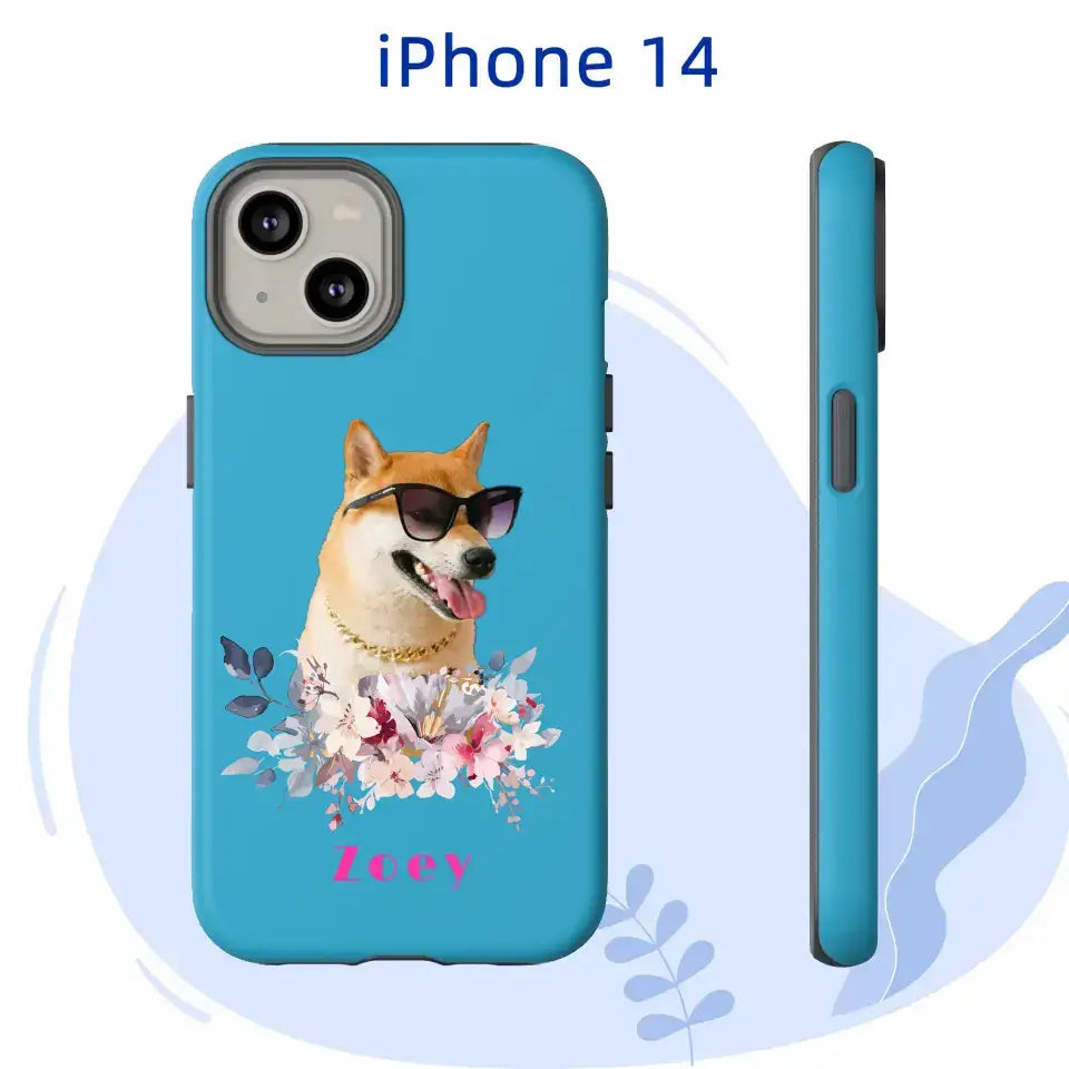 Personalized iPhone 14 tough case with pet portrait and floral design, featuring a printed name and stylish dog with sunglasses.