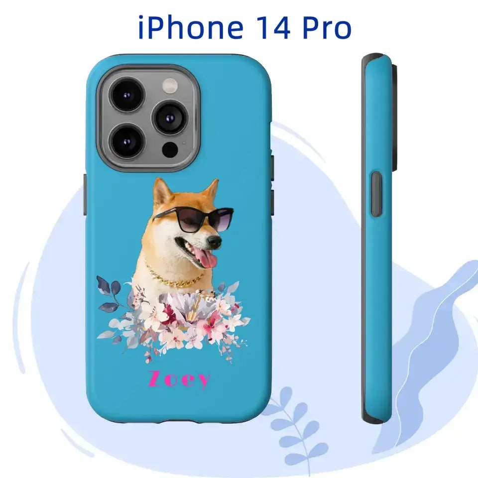 Personalized iPhone 14 Pro tough case with custom pet portrait, floral design, and name for animal lovers.