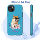 Custom iPhone 14 Plus case with dog portrait, floral design, and name "Zoey" on a blue background. Perfect for pet lovers.