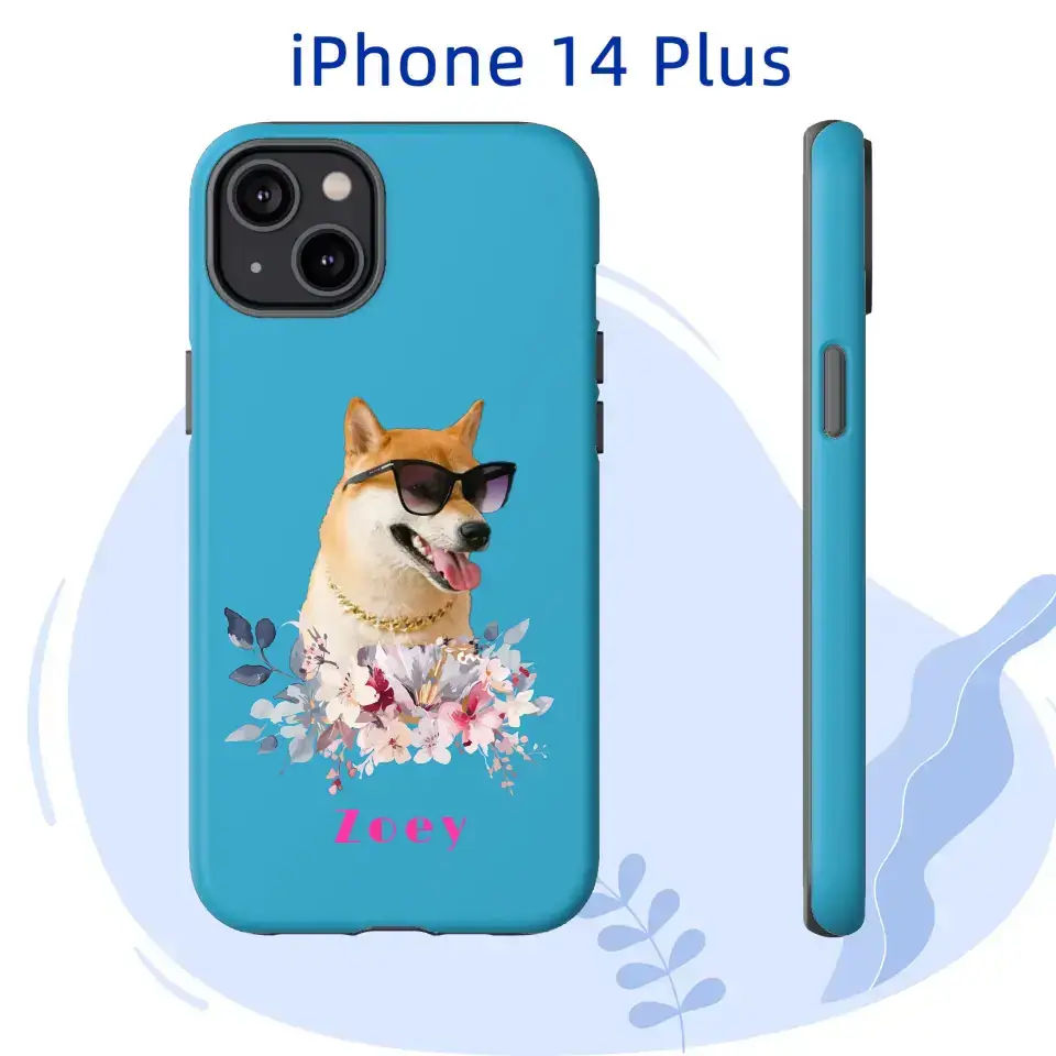 Custom iPhone 14 Plus case with dog portrait, floral design, and name "Zoey" on a blue background. Perfect for pet lovers.