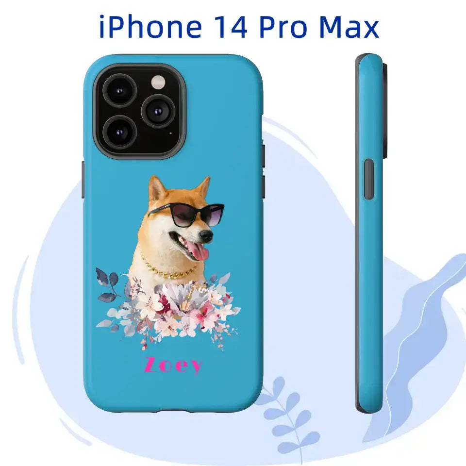 Personalized iPhone 14 Pro Max tough case with dog portrait in sunglasses, floral design, and custom name "Zoey".