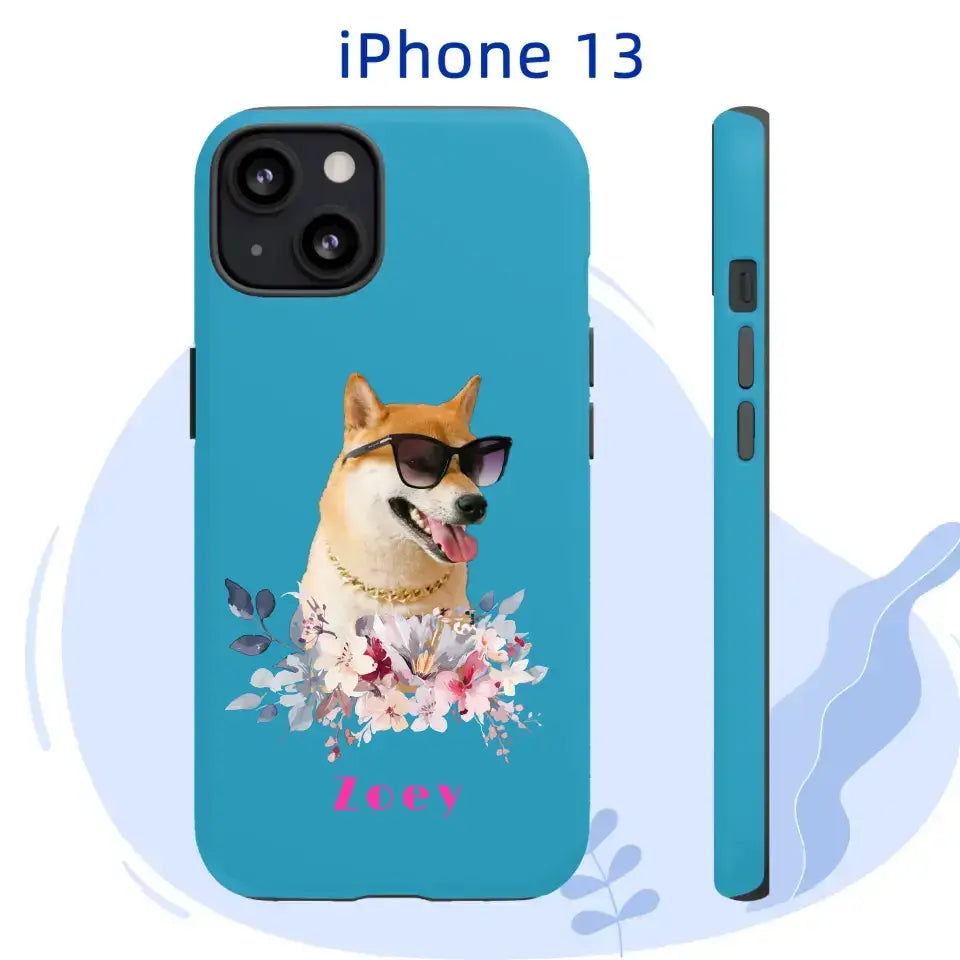 Personalized iPhone 13 tough case with pet portrait, floral design, and "Zoey" name. Custom pet gift for animal lovers.