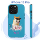 Personalized iPhone 13 Pro case with dog portrait, floral design, and name "Zoey" on a blue background.