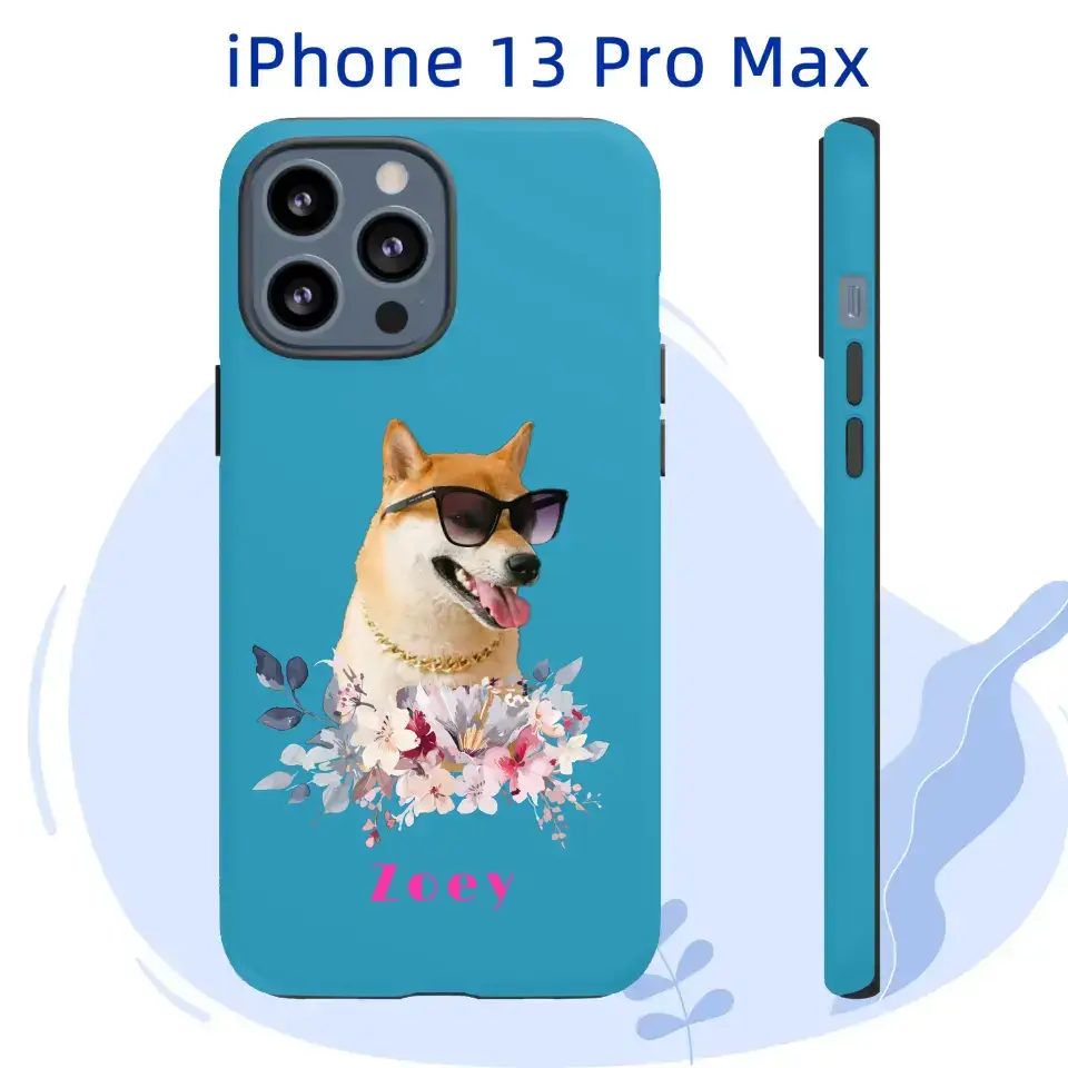 Personalized iPhone 13 Pro Max case with dog portrait and floral design, named Zoey, featuring a blue background.